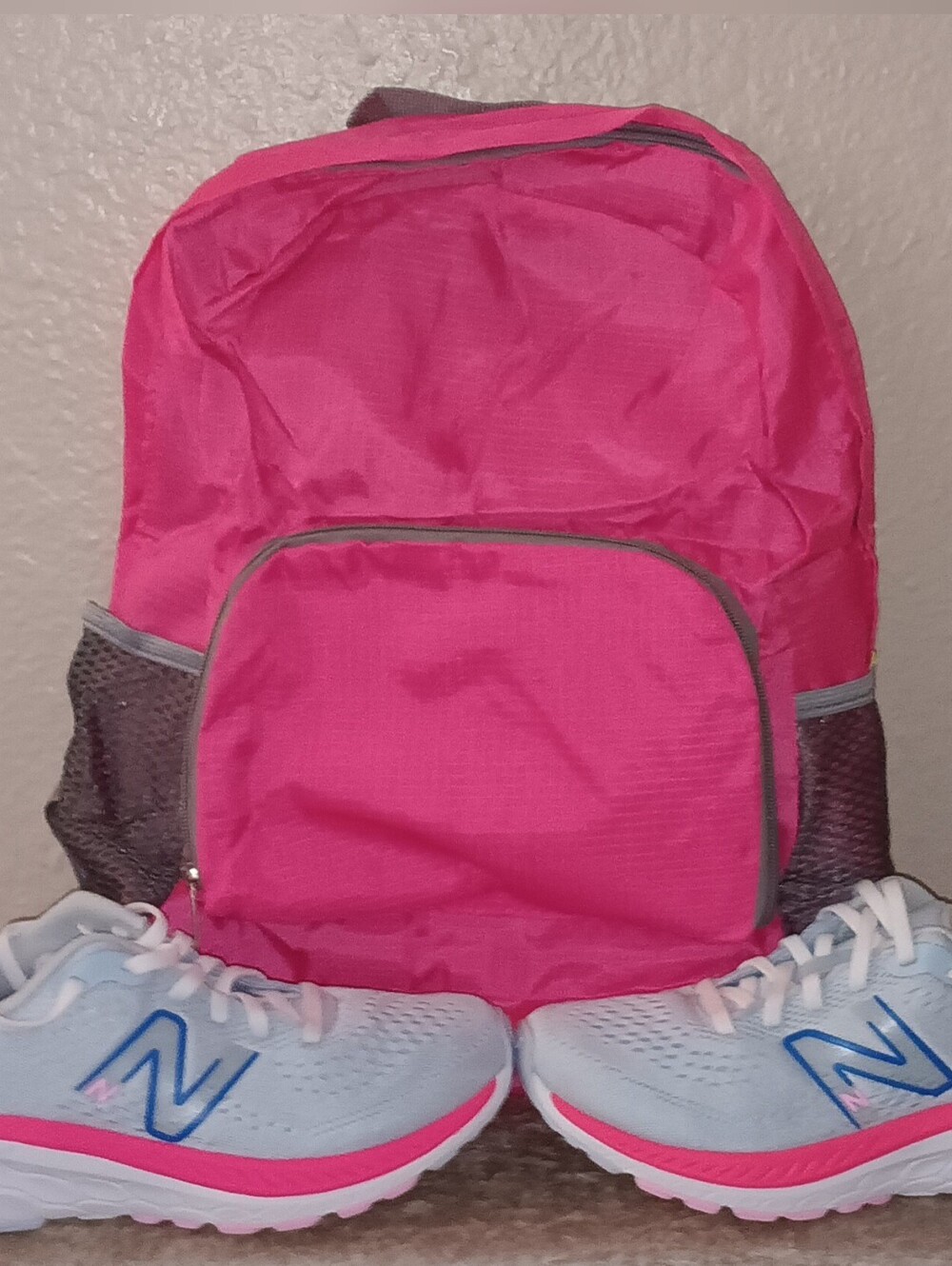 New Balance 860 Gray/Pink Sneakers with Hot Pink nylon 17-inch backpack.